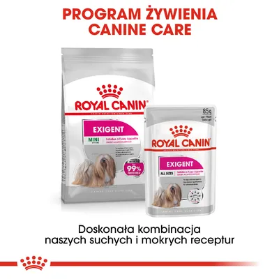 ROYAL CANIN EXIGENT MINI karma sucha i EXIGENT ALL SIZES karma mokra 85 g. Program żywienia Canine Care. Doskonała kombinacja naszych suchych i mokrych receptur.