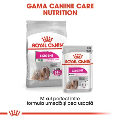 Royal Canin Exigent Mini hrană uscată și Exigent All Sizes hrană umedă pentru câini, pachet 85 g. Text: Mixul perfect între formula umedă și cea uscată. 99% preferred.
