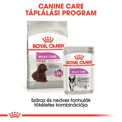 Royal Canin Relax Care Medium száraz és Relax Care All Sizes nedves kutyaeledel csomagolás, felirat: Száraz és nedves formulák tökéletes kombinációja.