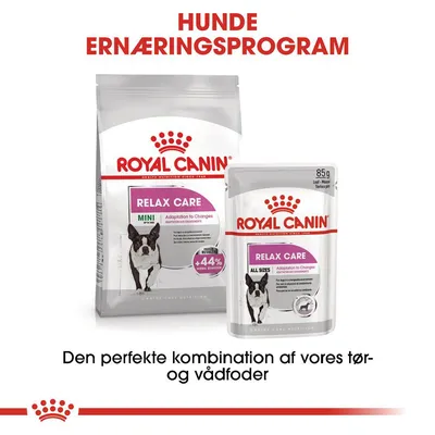 Royal Canin Relax Care tørfoder og vådfoder til hunde. Tekst: HUNDE ERNÆRINGSPROGRAM, Den perfekte kombination af vores tør- og vådfoder. Synlig tekst på emballagen: RELAX CARE.