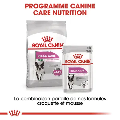 ROYAL CANIN Relax Care croquettes MINI et sachet mousse ALL SIZES, adaptation aux changements, +44 % normal behaviour. Texte : Programme Canine Care Nutrition, combinaison parfaite croquette et mousse.