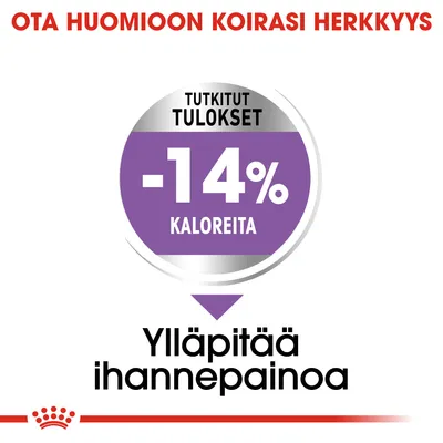 Ota huomioon koirasi herkkyys. Tutkitut tulokset: -14 % kaloreita. Ylläpitää ihannepainoa.