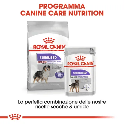 Royal Canin Sterilised Medium crocchette e Sterilised All Sizes umido per cani, testo: Programma Canine Care Nutrition. La perfetta combinazione delle nostre ricette secche & umide.