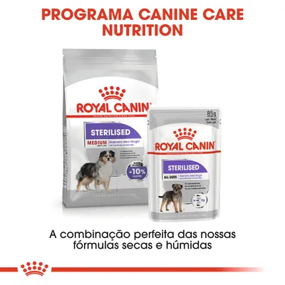 Royal Canin Sterilised Medium ração seca e Royal Canin Sterilised All Sizes alimento húmido para cães, texto: Programa Canine Care Nutrition, combinação perfeita de fórmulas secas e húmidas.