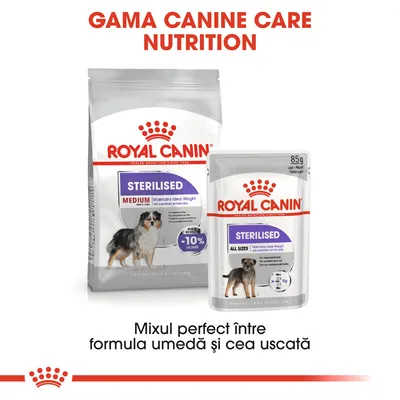 ROYAL CANIN STERILISED MEDIUM și ALL SIZES, hrană uscată și umedă pentru câini sterilizați. Text: GAMA CANINE CARE NUTRITION, Mixul perfect între formula umedă și cea uscată.