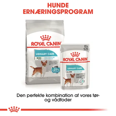 Royal Canin Urinary Care hundefoder, tørfoder MINI og vådfoder ALL SIZES, tekst: Hunde Ernæringsprogram. Den perfekte kombination af vores tør- og vådfoder.