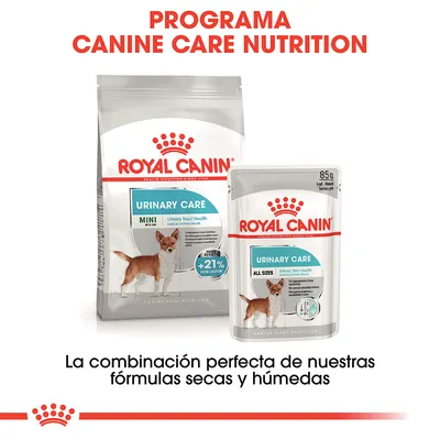 Royal Canin Urinary Care Mini y All Sizes, comida seca y húmeda para perros. Texto: Programa Canine Care Nutrition, combinación perfecta de fórmulas secas y húmedas.