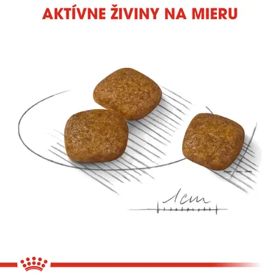 Tri granule s nápisom „AKTÍVNE ŽIVINY NA MIERU“ a mierkou 1 cm, znázorňujúce veľkosť a tvar krmiva.