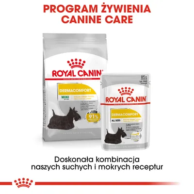 ROYAL CANIN DERMACOMFORT MINI karma sucha i mokra ALL SIZES 85 g, program żywienia Canine Care, informacja: doskonała kombinacja naszych suchych i mokrych receptur