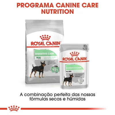 Royal Canin Digestive Care: embalagem de ração seca MINI e saqueta húmida ALL SIZES. Texto visível: 'A combinação perfeita das nossas fórmulas secas e húmidas'.