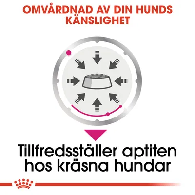 Text: Omvårdnad av din hunds känslighet. Tillfredsställer aptiten hos kräsna hundar. Illustration av matskål med pilar riktade mot skålen.