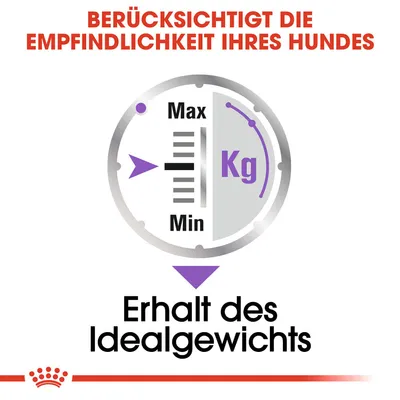 Berücksichtigt die Empfindlichkeit Ihres Hundes. Erhalt des Idealgewichts mit Skala von Min bis Max in Kilogramm.