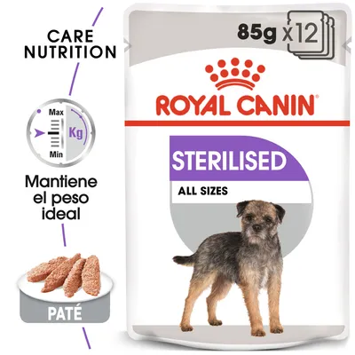 Royal Canin Sterilised All Sizes, 85 g x12. Mantiene el peso ideal. Paté para perros esterilizados. Imagen de perro pequeño en el envase. Texto en inglés y español visible.