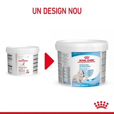 Recipient Royal Canin Babydog Milk, vechi și nou, cu textul „UN DESIGN NOU” deasupra. Ambalajul nou are etichetă albastră și mențiunea „BABYDOG MILK LAIT POUR CHIOTS”. Recipient Royal Canin Babydog Milk, vechi și nou, cu textul „UN DESIGN NOU” deasupra. Ambalajul nou are etichetă albastră și mențiunea „BABYDOG MILK LAIT POUR CHIOTS”.
