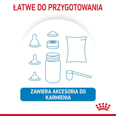 Łatwe do przygotowania. Zawiera akcesoria do karmienia – widoczne smoczki, butelka, miarka, woreczek i nakrętka. Tekst oraz ilustracje na białym tle.
