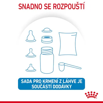 Ilustrace s textem: Snadno se rozpouští. Sada pro krmení z láhve je součástí dodávky. Zobrazeny lahvička, savičky, odměrka a sáček.