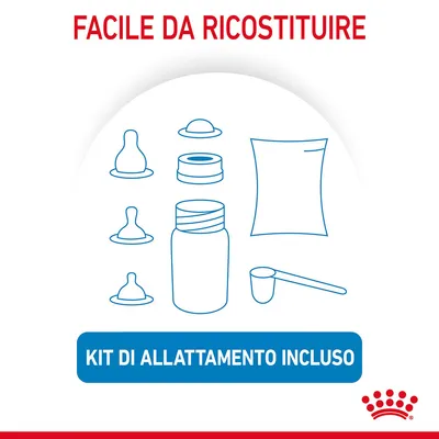 Illustrazione di kit di allattamento con biberon, tettarelle, misurino, bustina e accessori. Testo: Facile da ricostituire. Kit di allattamento incluso.
