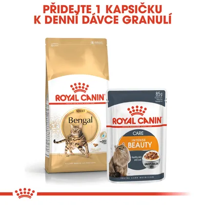 Přidejte 1 kapsičku k denní dávce granulí. Royal Canin Bengal granule a Royal Canin Intense Beauty kapsička 85 g na obrázku.