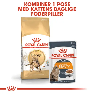 Royal Canin Bengal Adult tørfoder og Royal Canin Intense Beauty Care vådfoder 85 g. Tekst: Kombiner 1 pose med kattens daglige foderpiller.