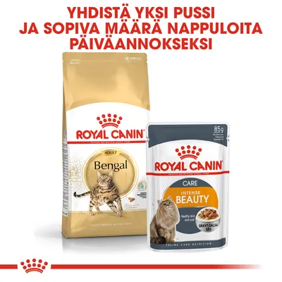 ROYAL CANIN Bengal -kuivaruoka ja ROYAL CANIN Intense Beauty -annospussi. Teksti: Yhdistä yksi pussi ja sopiva määrä nappuloita päiväannokseksi.