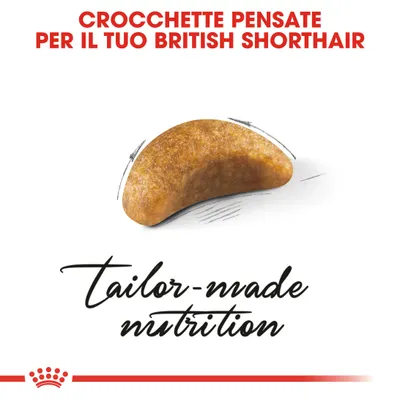 CROCCHETTE PENSATE PER IL TUO BRITISH SHORTHAIR. Immagine di una crocchetta. Testo: tailor-made nutrition.