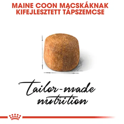 MAINE COON MACSKÁKNAK KIFEJLESZTETT TÁPSZEMCSE, tailor-made nutrition felirattal, egy darab táp szemcse képe középen