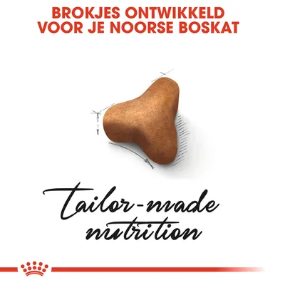 Brokjes ontwikkeld voor je Noorse boskat. Tekst: tailor-made nutrition. Afbeelding van een driehoekige brok.