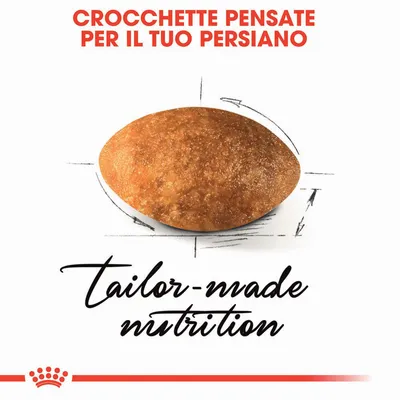 Crocchette pensate per il tuo Persiano. Testo in inglese: tailor-made nutrition. Immagine di una crocchetta con schizzi tecnici sullo sfondo.