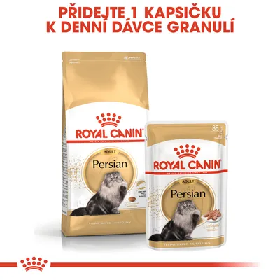 ROYAL CANIN Persian Adult granule a kapsička, text: Přidejte 1 kapsičku k denní dávce granulí. Na obalech obrázek perské kočky.