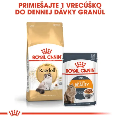 ROYAL CANIN Ragdoll granuly pre mačky a ROYAL CANIN Intense Beauty kapsička 85 g. Text: Primiešajte 1 vrecúško do dennej dávky granúl.