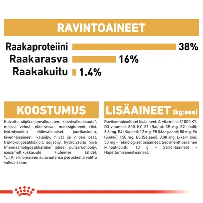 Ravintoaineet: raakaproteiini 38 %, raakarasva 16 %, raakakuitu 1,4 %. Koostumus ja lisäaineet lueteltu: siipikarjanvalkuainen, kasvivalkuaisuute, vitamiinit, kivennäisaineet ym.