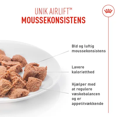 UNIK AIRLIFT Mousse-konsistens. Blød, luftig mousse, lavere kalorieindhold, understøtter væskebalancen og stimulerer appetitten. Produktbillede på hvid tallerken. UNIK AIRLIFT Mousse-konsistens. Blød, luftig mousse, lavere kalorieindhold, understøtter væskebalancen og stimulerer appetitten. Produktbillede på hvid tallerken.