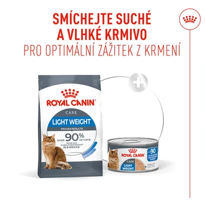 Míchejte suché a vlhké krmivo Royal Canin Light Weight pro optimální krmný zážitek. Na obrázku: kapsička a konzerva s motivem kočky, viditelný název produktu a značka.