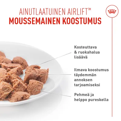 Ainutlaatuinen Airlift Moussemaien Koostumus. Kosteuttava & ruokahalua lisäävä, ilmava koostumus täydemmän annoksen tarjoamiseksi, pehmeä ja helppo pureskella. Ainutlaatuinen Airlift Moussemaien Koostumus. Kosteuttava & ruokahalua lisäävä, ilmava koostumus täydemmän annoksen tarjoamiseksi, pehmeä ja helppo pureskella.