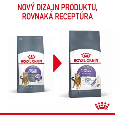 ROYAL CANIN Appetite Control pre mačky, nový dizajn obalu, rovnaká receptúra. Dve balenia vedľa seba s nápisom: NOVÝ DIZAJN PRODUKTU, ROVNAKÁ RECEPTÚRA.