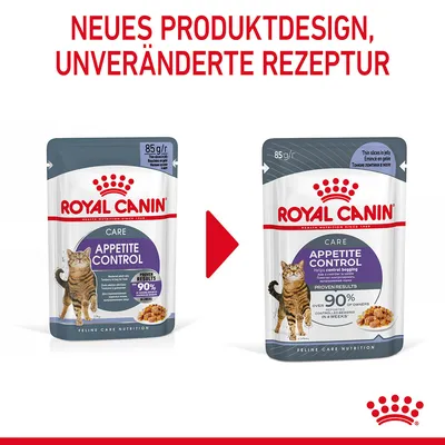 Royal Canin Appetite Control Katzenfutter, neues Produktdesign, unveränderte Rezeptur. 85g Beutel mit dünnen Stücken in Gelee, bewährte Ergebnisse: über 90% Zufriedenheit nach 4 Wochen.