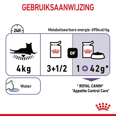 Gebruiksaanwijzing voor kat van 4 kg: dagelijks 3,5 porties natvoer of 1 portie natvoer plus 42 g droogvoer. Metaboliseerbare energie: 695 kcal/kg. Water altijd beschikbaar.