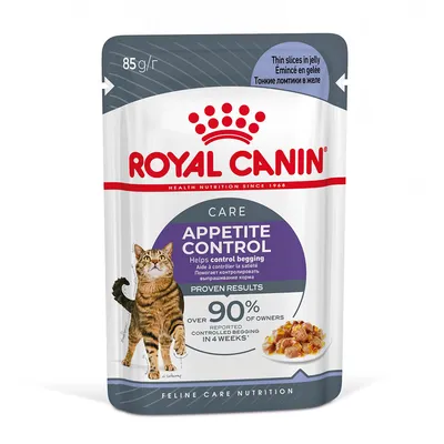 Sachet Royal Canin Care Appetite Control 85 g pour chat, texte visible : Emincé en gelée, aide à contrôler la satiété, plus de 90 % des propriétaires ont constaté moins de mendicité en 4 semaines.