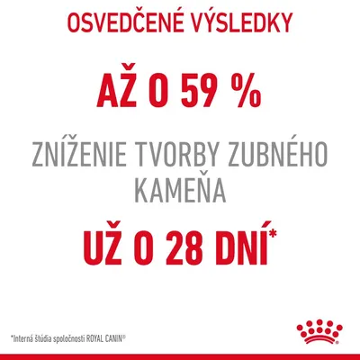 Osvedčené výsledky: až o 59 % zníženie tvorby zubného kameňa už o 28 dní. Interná štúdia spoločnosti ROYAL CANIN.