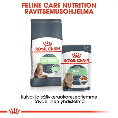 Royal Canin Feline Care Nutrition Digestive -kuivaruoka ja Digest Sensitive 85 g säilykeruoka kissoille. Teksti: Kuiva- ja säilykeruokareseptiämme täydellinen yhdistelmä.