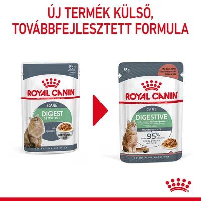 Új termék külső, továbbfejlesztett formula. Royal Canin Digest Sensitive és Digestive macskaeledel 85 g-os tasakban, csomagolásváltás látható.