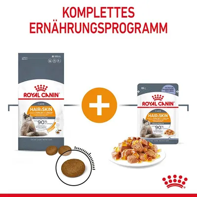 Royal Canin Hair & Skin Care Trockenfutter und Nassfutter als komplettes Ernährungsprogramm für Katzen. Sichtbare Kroketten und Fleischstücke dargestellt.