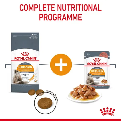 Royal Canin Hair & Skin dry food bag and wet food pouch for cats, with close-up of kibble and chunks in gravy. Text: Complete Nutritional Programme, Proven Results, 90% of owners after 3 weeks.