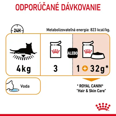 Odporúčané dávkovanie pre mačku 4 kg: 3 kapsičky alebo 1 kapsička a 32 g granúl Royal Canin Hair & Skin Care denne. Metabolizovateľná energia: 823 kcal/kg. Voda vždy k dispozícii.