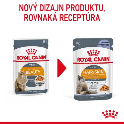 Royal Canin Care 85 g: zmena dizajnu obalu z Intense Beauty na Hair & Skin, rovnaká receptúra. Viditeľné balenia s mačkou a miskou krmiva.