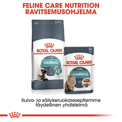 Royal Canin Care Hairball -kuivaruoka ja 85 g säilykeruoka kissoille, pakkauksissa kissakuvat. Teksti: Feline Care Nutrition Ravitsemusohjelma, täydellinen yhdistelmä.