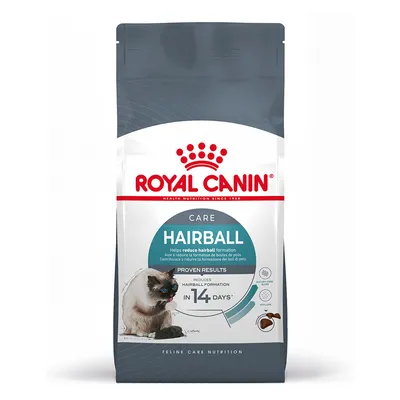 Royal Canin Care Hairball kattmat, text: Helps reduce hairball formation, Proven results, reduces hairball formation in 14 days. Bild på katt och foderbit.