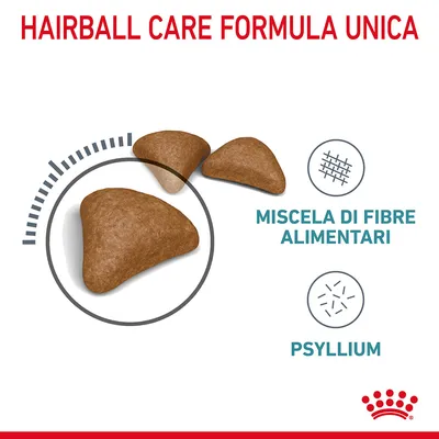 Crocchette triangolari con testo: HAIRBALL CARE FORMULA UNICA, MISCELA DI FIBRE ALIMENTARI, PSYLLIUM. Logo Royal Canin visibile in basso a destra.