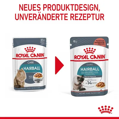 Royal Canin Hairball Care, neues Produktdesign mit unveränderter Rezeptur. Verpackung zeigt Katzen und Hinweise zur Haarballenreduzierung in 14 Tagen.