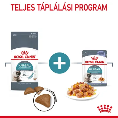 Royal Canin Hairball száraz és nedves macskaeledel csomag, szemcsék és tál étel képe, felül: TELJES TÁPLÁLÁSI PROGRAM felirat
